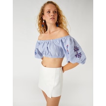 Koton Nakışlı Crop Bluz Omzu Açık Mavi Çizgili 2sak30116ew Mavi Çizgili