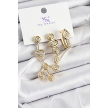 Ceylan Adam Pirinç Zirkon Taşlı Geometrik Model Gold Renk 3'lü Kadın Küpe Çok Renkli