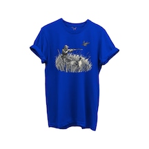 Outdoor Avcılık Avcı, Köpek Ve Kuş Desenli %100 Pamuk Regular Fit Bisiklet Yaka Unisex T-shirt Saks Mavi
