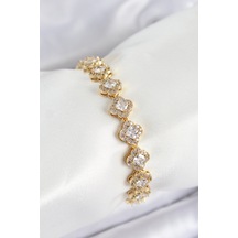 Pirinç Zirkon Taşlı Yonca Baget Model Gold Renk Vıp Seri Kadın Bileklik Altın