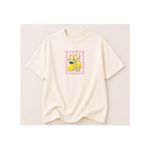 Herkesemoda Limon Baskı Detaylı Bisiklet Yaka Pamuklu Basic T-shirt Krem