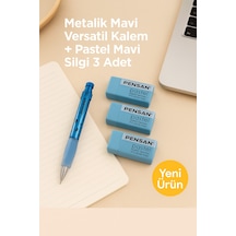 Metalik Mavi Versatil Kalem + Pastel Mavi Silgi 3 Adet Fildişi