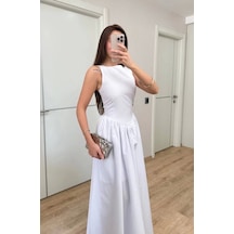 Sifir Kol Beli Oturtmalı Kolsuz Uzun Elbise - Beyaz Beyaz