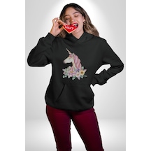 Unicorn Çiçek Kadın Erkek Siyah Kapüşonlu Sweatshirt Hoodie Siyah