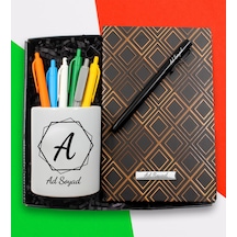 Kişiye Özel Tasarım Porselen Kalemlik & Kareli Defter & Roller Kalem & 6'lı Renkli Kalem Hediye Seti