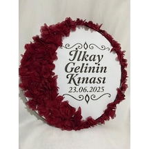 Gelin Tefi 30cm, İsim Ve Tarih Yazılı Yarım Ay Ve Kenar Süslemeli Tasarlanmış Kına Tefi Bordo