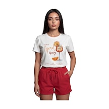 ''the Aperol Spritz'' Kokteyl Baskılı %100 Pamuk Rahat Kesim Prem Beyaz