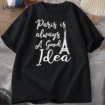 Flood Of Style Erkekler T En Kaliteli Baskı Paris T-shirt Rahat Tatil Moda O Boyun Kazak Pamuk Kısa K Siyah