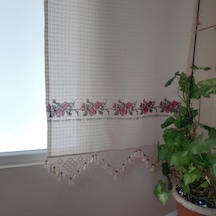Kırmızı Kanaviçeli Doğal Pamuklu Güneşlik Perde Buldan - Bodrum Bej - Krem