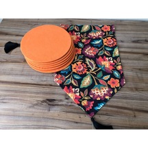 Çiçekli Şal Desenli Runner & Turuncu Supla Çok Renkli