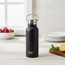 Bambu Kapaklı Siyah Çelik Termos Matara - 500 Ml Sızdırmaz Kilitli Mug - Doğal Ahşap Detaylı Sıcak Ve Soğuk Tutan Ofis Termosu Çok Renkli