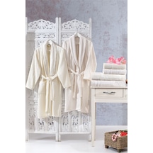 Family Dantelli Krem & Krem Aile Bornoz Seti 6 Parça Çeyizlik Kad Krem