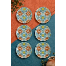 6 Lı Cam Çay Tabağı Geometrik Turkuaz Turuncu Desenli 12 Cm 6 Adet Çay Tabak