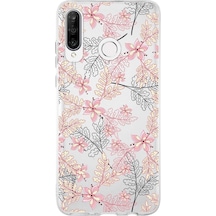 Huawei P30 Lite Uyumlu Kapak Floral Kırmızı Tasarımlı Şeffaf Silikon Kılıf