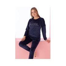 Farya Home Luxury Velvet Fransız Kadife Yazı Detaylı Pijama Takımı Lacivert Beyaz - Lacivert