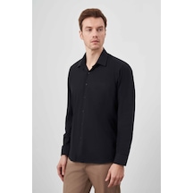 Morven Erkek Siyah Basic Düz Desen Cepli Sert Yaka Regular Fit Gömlek Siyah