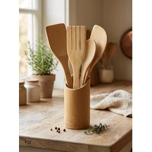 Ahşap Bambu Mutfak Seti 5 Parça Stand İle Kaşık Çatal Spatula