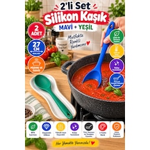 2'li Set Mavi Yeşil Büyük Boy Silikon Kaşık 27 Cm Mutfak Yemek Pişirme Ve Servis Kaşığı 2 Renkli Set