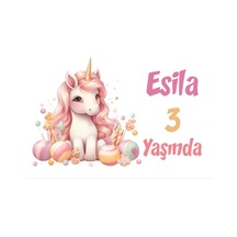 Pembe Unicorn Temalı Doğum Günü Afişi -8 50x70 Cm
