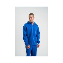 Erkek Açık Yakalı Oversize 3 İplik Pamuklu Sweatshirt - Mii Mavi