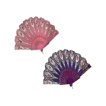 Yelpaze Şık Doğal Serinletici 877-11 Gül Motifli Yelpaze Pembe / Mor