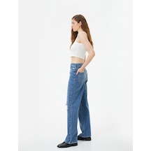 Koton Yüksek Bel Kot Pantolon Yırtık Düz Paça - Eve Jeans Orta İndigo 4sal40095md 4SAL40095MDMID İndigo