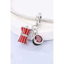 Kırmızı Pot Makinesi Ve Kahve Sallantılı Charm Gümüş