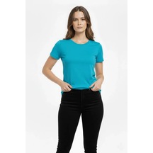Kadın Turkuvaz Bisiklet Yaka Slim Fit Likralı Günlük Basic Body T Turkuaz