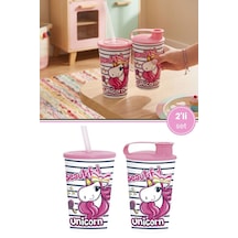 2'li Unicorn Çocuk Meşrubat Bardak Seti, Pipetli Kapaklı Su Süt Meyve Suyu Bardağı 330 Ml 2 Li Set Pembe