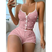 Kadın Pembe Kalpli Askılı Şortlu Pijama Takım 5009 Pembe
