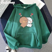 Koyu Yeşil Kawaii Hoodie Panda Ayı Karikatür Bubu Dudu Baskı Kız Büyük Boy Kazak İlkbahar/sonbahar Açık Mavi Uzun Kollu Cep Tops Koyu Yeşil