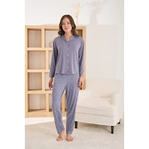 Pijamoni Kadın Premium Milan Kumaş Gömlek Yaka Koyu Lila Pijama Takımı Koyu Lila