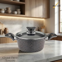20 Cm Granit Derin Tencere Cam Kapak - Siyah Siyah