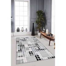 Gri Geometrik Kaymaz Tabanlı Makinede Yıkanabilir Halı Puz01n11