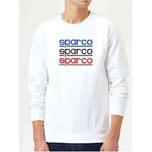 Sparco Logo Mavi Sarı Kırmızı Baskılı Beyaz Erkek Örme Sweatshirt