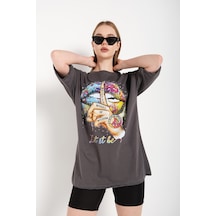 Flood Of Style Kadın Antrasit Let It Be Oversize T-shirt Gri