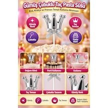 Gümüş Çubuklu Kral Kraliçe Prenses Tacı Pasta Süsü Doğum Günü Parti Kutlama Pasta Aksesuarı +3