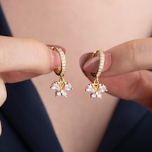 Vaoov 925 Ayar Gümüş Pembe Taşlı Sallantılı Kelebek Küpe Altın