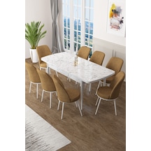 Canisa Concept Zen Serisi 80x132 Mdf Açılabilir Beyaz Mermer Desen Masa Takımı Ve 8 Cappucino Sandalye Masa Beyaz/sandalye Cappıcıno
