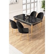 Canisa Edaf Serisi 80x132 Açılabilir Siyah Mermer Desen Mutfak Masa Takımı 4 Siyah Sandalye Gold Detay Masa Siyah Mermer Desen Sandalye Siyah Gold Ayak