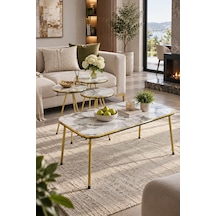 Sulorahome Beyaz Mermer Desenli Ve Gold Metal Ayaklı 4'lü Sehpa Seti