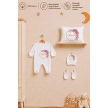 Pia Baby İsme Özel Kız Bebek Tulum %100 Pamuk Organik Baskılı İsimli Bebek Tulumu 35x45 Cm Yastık Kılıfı Bebek Seti 1037ytyx Krem