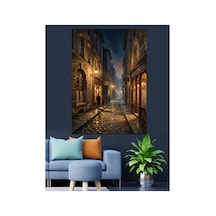 Gece Yarısı Dar Şehir Sokağı Yağlı Boya Dokulu Kanvas Tablo Canvas Tablosu