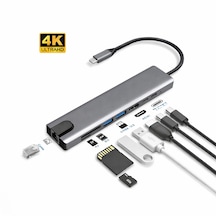 Type C To Hdtv 8 İn 1 Dönüştürücü Adaptör 4k Uhd Görüntü Rj45 + Tf/sd + Hdmı + Usb + Pd Macbook & Laptop Uyumlu