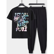 Uyguntarz Unisex Just Chill And Have Fun Baskılı 2'li Eşofman Takımı Siyah