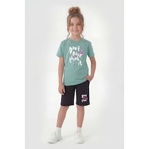 Fyk Kids Yuvarlak Yaka Tişörtlü Kaprili Baskı Detaylı Kız Çocuk Alt Üst Takım Mint Yeşili