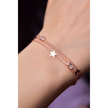 Papatya Silver 925 Ayar Gümüş Rose Kaplama Baget Taşlı Yıldızı Model Üç Zincir Bileklik
