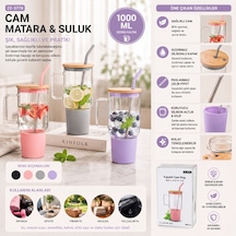 1000 Ml Cam Matara Kupa Bardak - Bambu Kapaklı - Silikon Kılıflı - Çelik Pipetli Çok Renkli