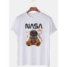 Flood Of Style Unisex Beyaz Nasa Uzaylı Ayıcık Baskılı Bisiklet Yaka Oversize Tişört