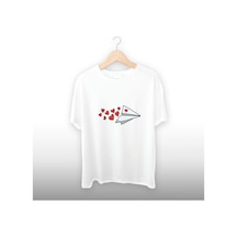 Kalpli Kağıt Uçak Detaylı Unisex Tişört Beyaz